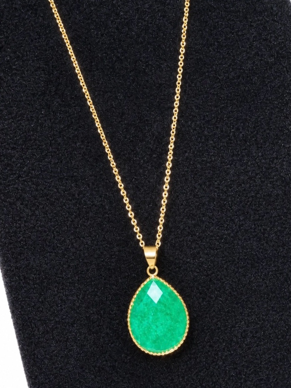 Gold Teardrop Green Stone Pendant Necklace - Women Jewelry